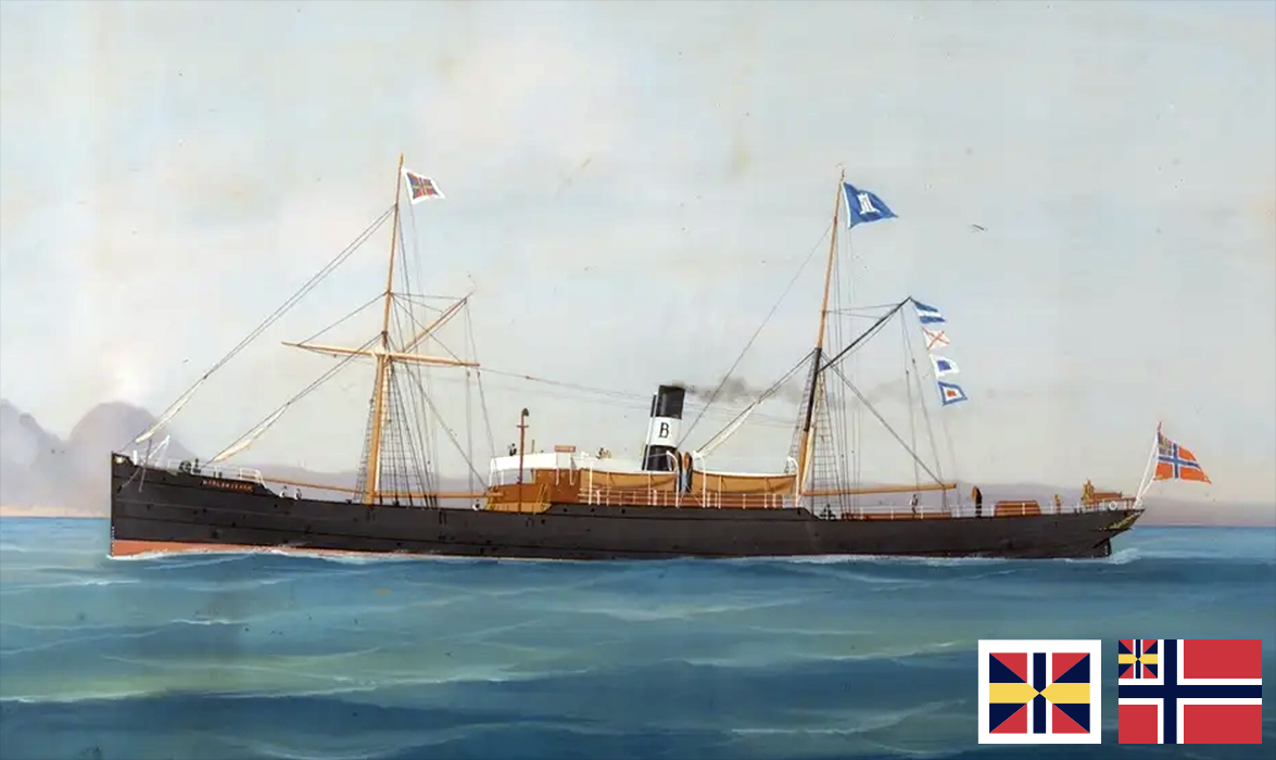 Portrait: DS Bergenseren with Union flags (1884) The Union mark with yellow colour was removed from commercial flags in 1898.12.15 and from all the military flags and ensigns in 1905.06.07. / Bergens Sjøfartsmuseum , Flags: æ (UNF)